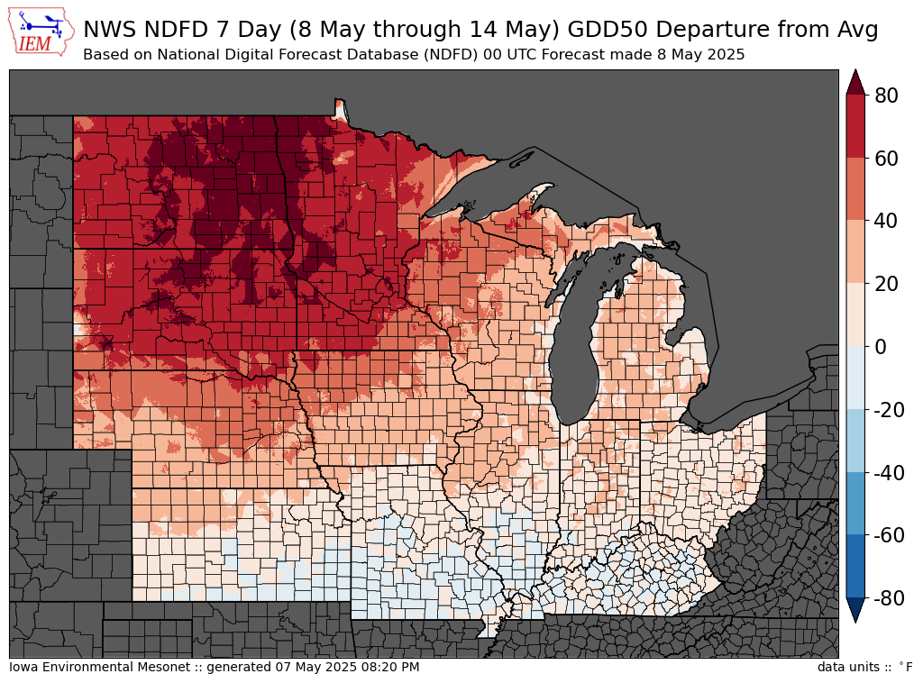 Map of GDD50 departure from average