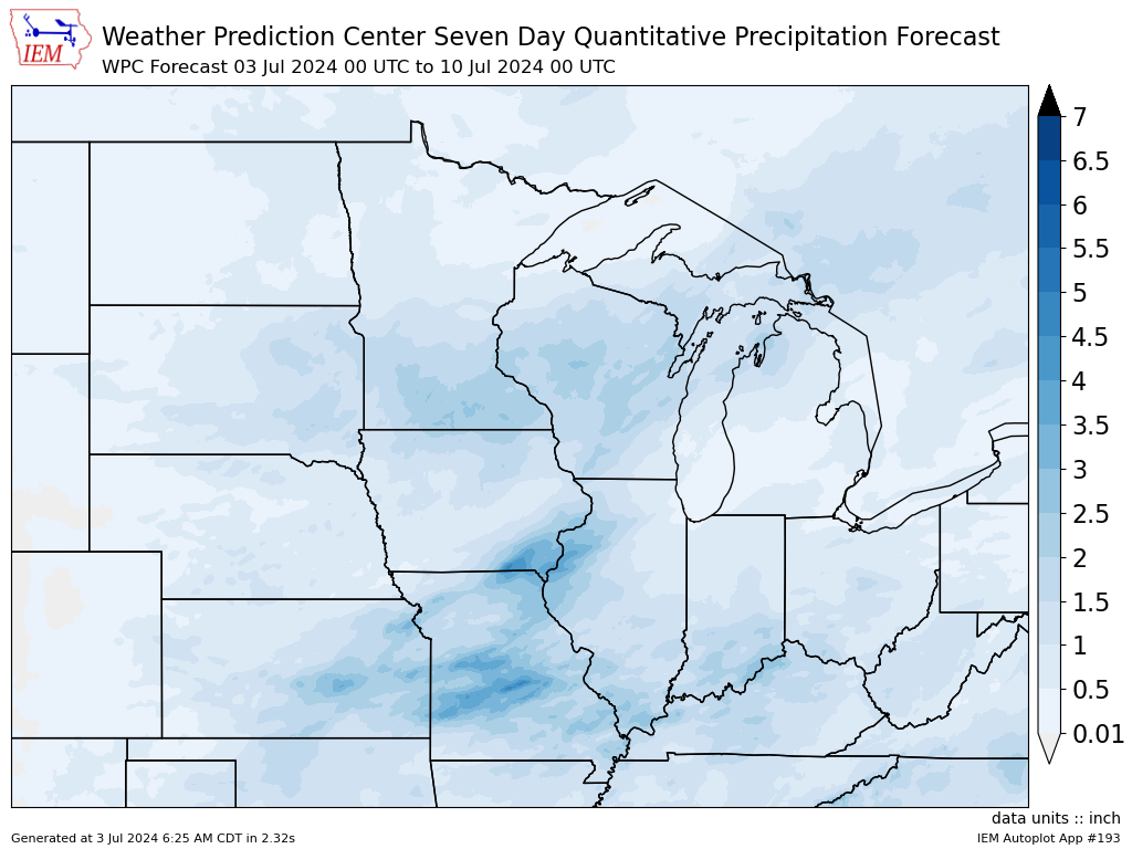Map of Weather Prediction Center seven-day quantitative precipitation forecast