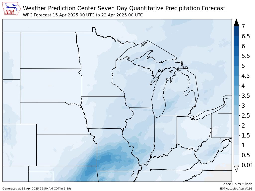 Map of Weather Prediction Center seven-day quantitative precipitation forecast