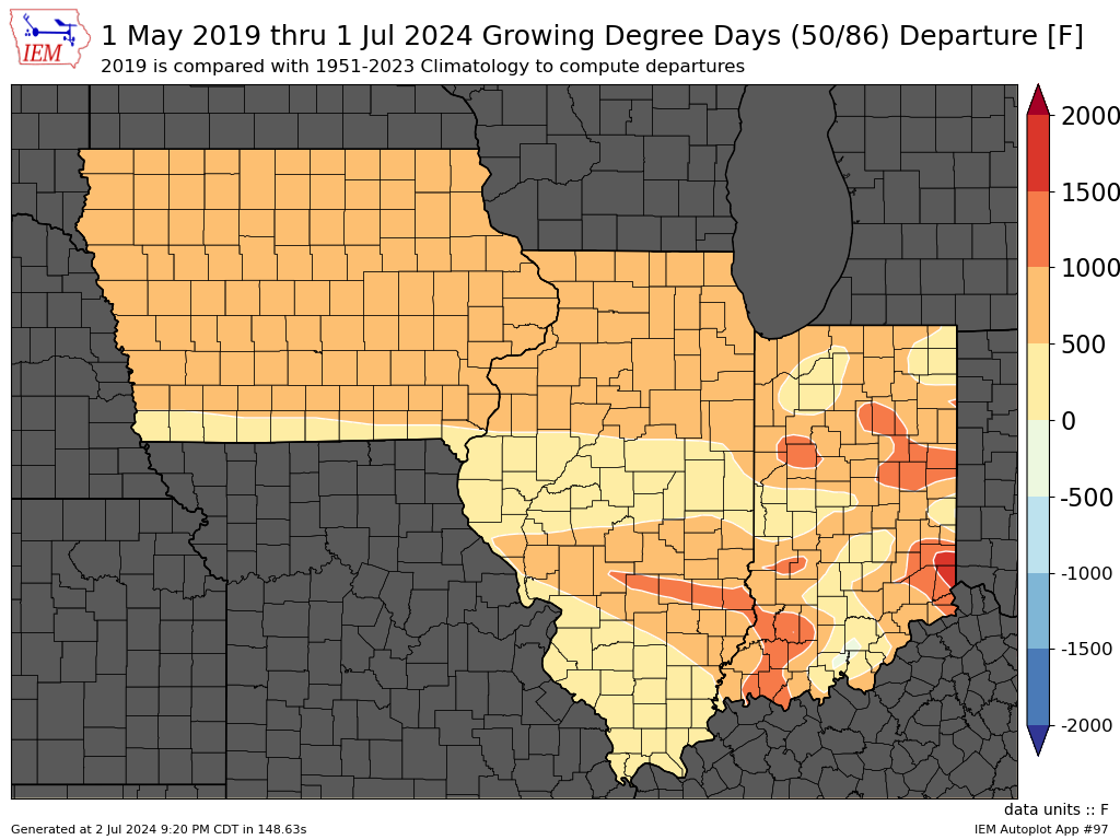 Map of growing degree days departure from normal from May 1 2019 to current date