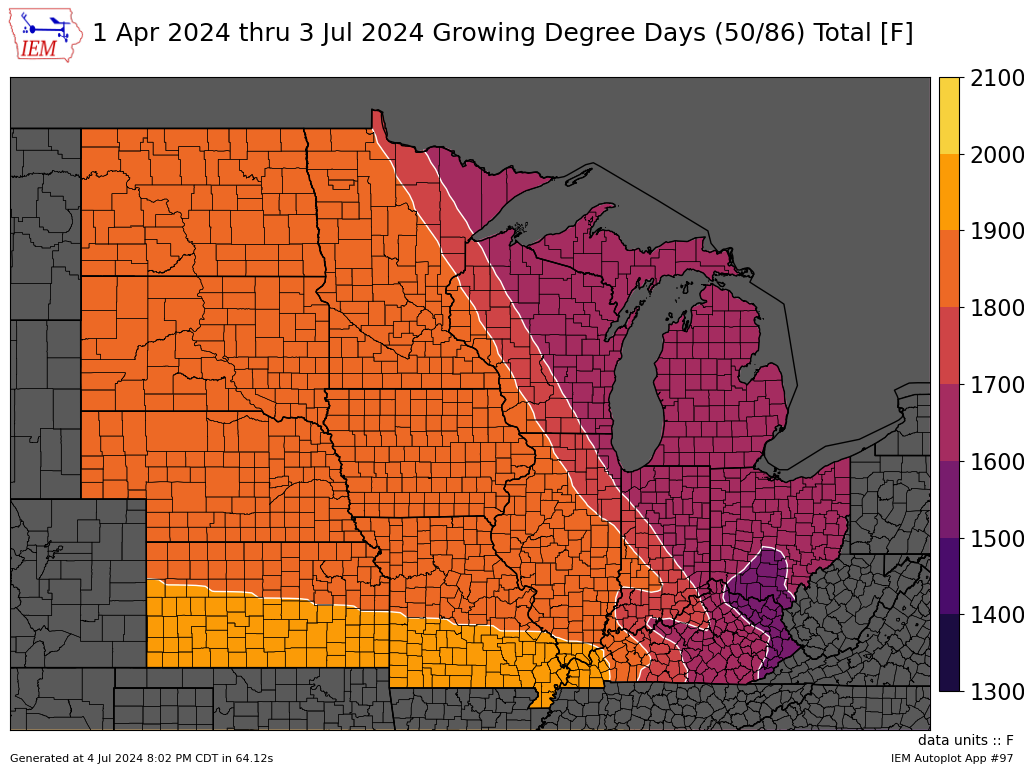 Map of growing degree days from April 1 2023 to current date